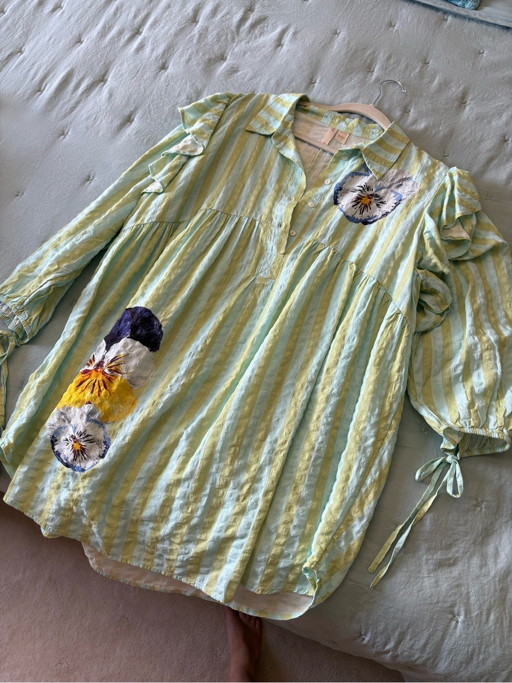 Anthropologie Mint and White Striped Floral-Appliqué Tunic